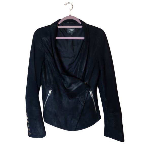 Lamarque Olivia Black Suede Leather Moto Biker Jacket Small Drape front - Picture 1 of 15